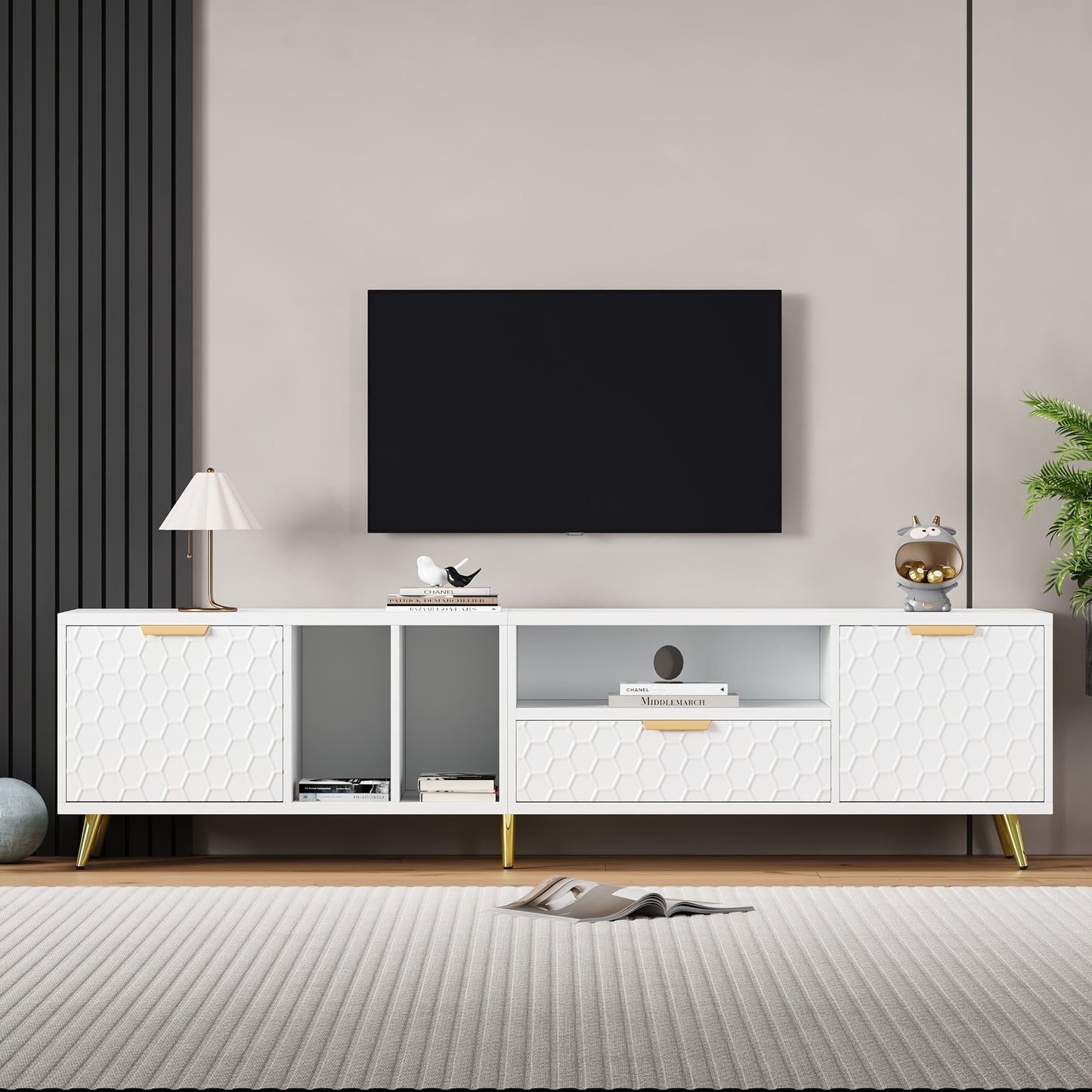 Modern TV Meubel – TV Kast – TV Stand – TV Dressoir – TV Bank – Vertical Design – Geschikt Tot 80 Inch – MDF & Hout – Mat Honingraatdessin – Ruimtebesparend – Met Opbergruimte