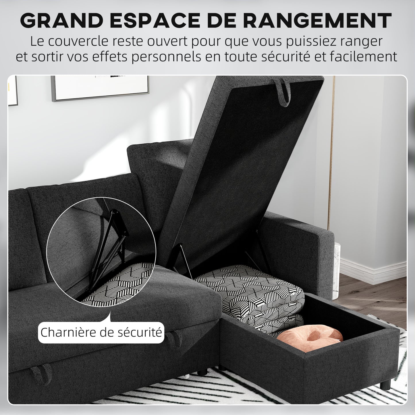 Hoekbankbed – Slaapbank – Bedbank – Loungesofa – Hoekbank – Omkeerbare Chaise Longue – Opbergruimte – Zwart Linnenstof