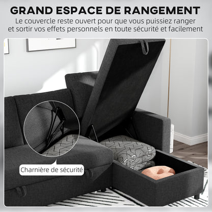 Hoekbankbed – Slaapbank – Bedbank – Loungesofa – Hoekbank – Omkeerbare Chaise Longue – Opbergruimte – Zwart Linnenstof