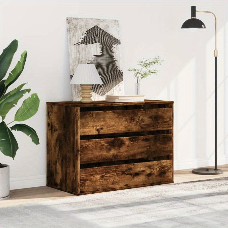 Easy Assembly Modern Dresser Cabinet - Smoked Oak Finish, Sturdy Engineered Wood Construction with Three Drawers, Compact Storage for Living Room, Bedroom, Office - Space-Saving Organizer (80x41x58cm), Contemporary Furniture,