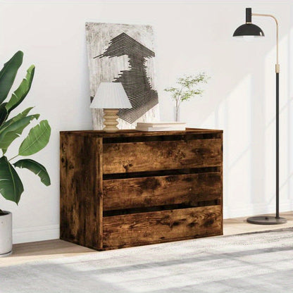 Easy Assembly Modern Dresser Cabinet - Smoked Oak Finish, Sturdy Engineered Wood Construction with Three Drawers, Compact Storage for Living Room, Bedroom, Office - Space-Saving Organizer (80x41x58cm), Contemporary Furniture,