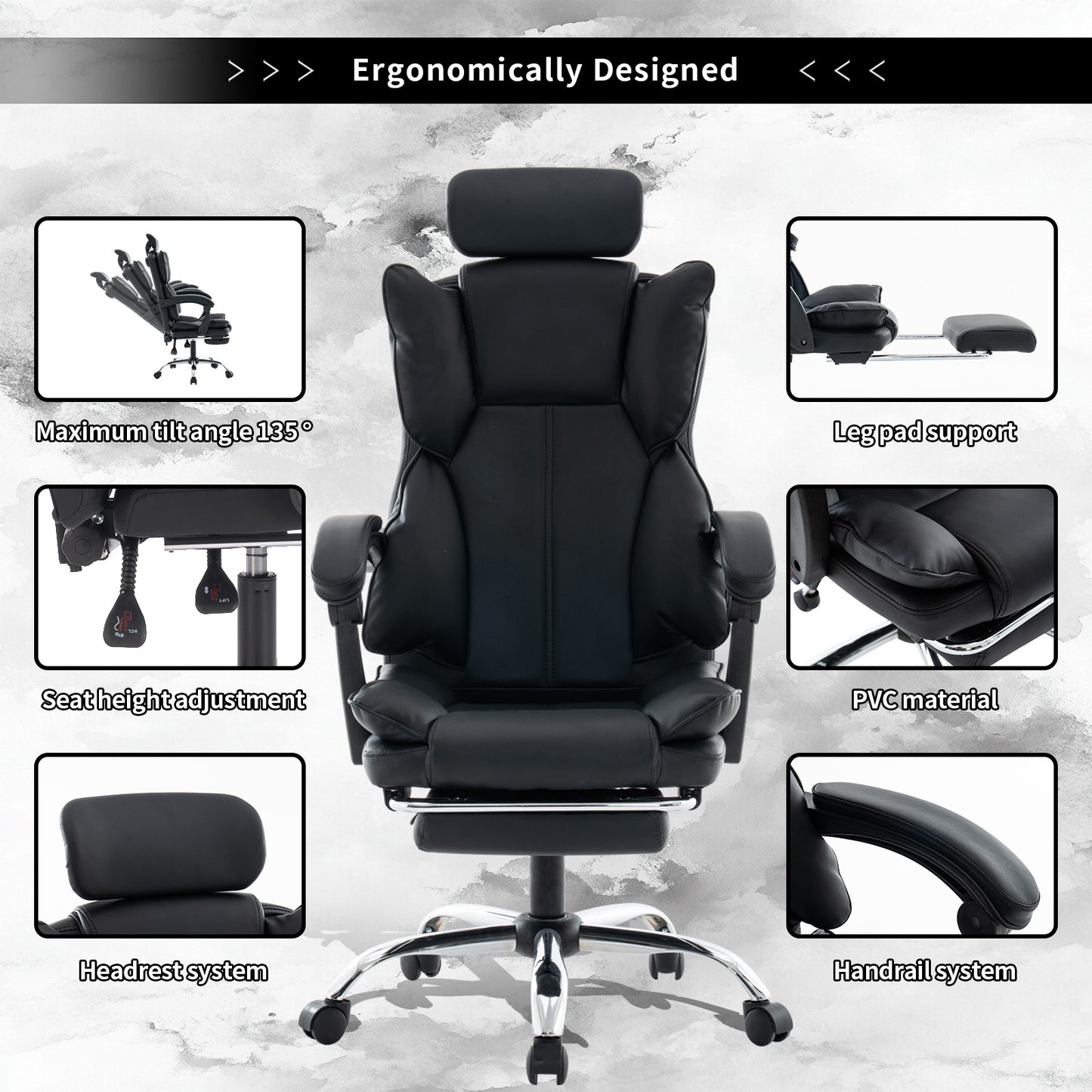 Gamingstoel – Bureaustoel – Kantoorstoel – Gamestoel – Computestoel – Verstelbaar in Hoogte – PU Leer Met Zachte Schuimvulling – Zwart Met Wit Randje – Ergonomische Rugondersteuning – 5-Wiel Basis Voor Tapijt