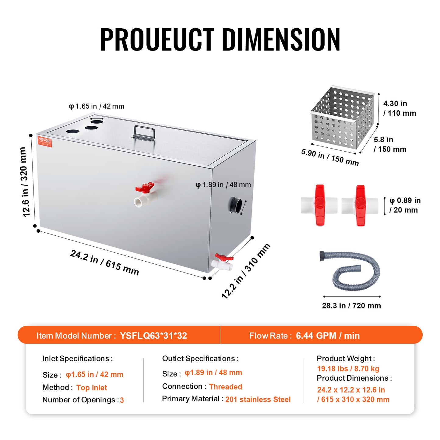 Vetafscheider – Vetvanger – Olieafscheider – Afvalwaterfilter – Vetscheider – Roestvrij Staal – 25 LBS Capaciteit – 6,4 GPM Hoog Doorstroomsnelheid