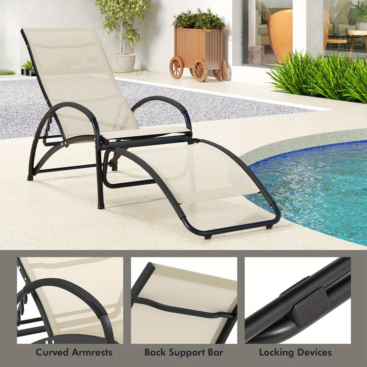 2-in-1 Schommelstoel – Ligstoel – Tuinstoel – Lounge Stoel – Relaxstoel – Verstelbare Rugleuning 4 Posities – Lichtgewicht Aluminium Frame – Beige