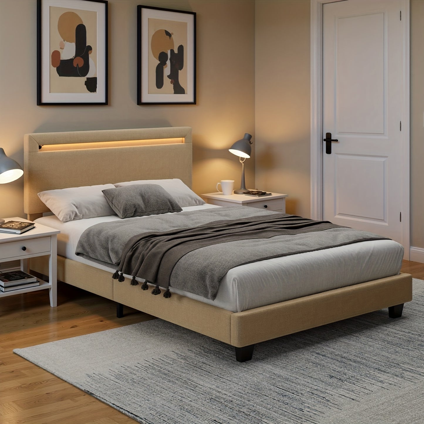 Bedframe – Bedbodem – Slaapbank – Ledikant – Boxspringframe – Modern Design – Stabiele Hardhouten Constructie – 120x200cm Beige Upholstered Hoofdbord