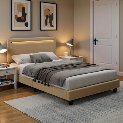 Bedframe – Bedbodem – Slaapbank – Ledikant – Boxspringframe – Modern Design – Stabiele Hardhouten Constructie – 120x200cm Beige Upholstered Hoofdbord