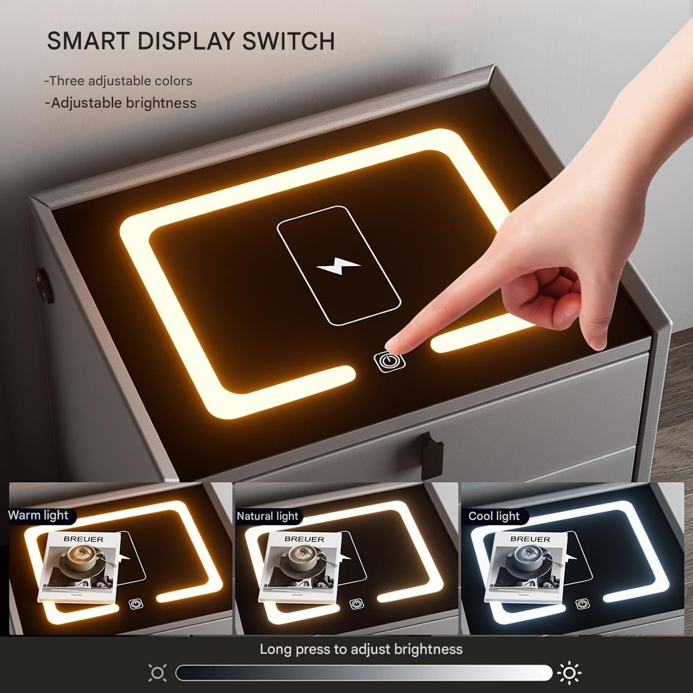 Slimme Nachtkast – Nachtkastje – Bijzettafel – Bedtafel – Opberglade – Draadloos Opladen – Instelbare LED-Verlichting – 2 Lade Model – Metaal & Geharde Glasplaat – Compact & Ruimtebesparend