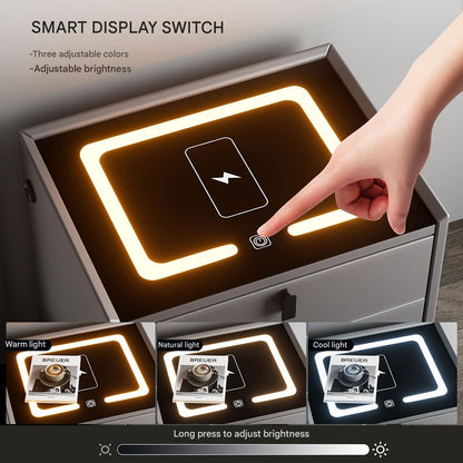Slimme Nachtkast – Nachtkastje – Bijzettafel – Bedtafel – Opberglade – Draadloos Opladen – Instelbare LED-Verlichting – 2 Lade Model – Metaal & Geharde Glasplaat – Compact & Ruimtebesparend