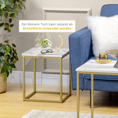 Bijzettafels – Bijzettafel – Salontafel – Tafeltje – Stapelbare Tafels – Wit – Marmerlook Tafelblad – Goudkleurig Metalen Frame