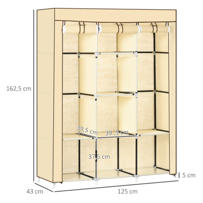 Stoffen Kledingkast – Opbertkast – Garderobekast – Kledingrek – Kledingopslag – Beige – Ruim Met 8 Planken & 2 Hangroedes – Stofwerend Non-Woven Materiaal