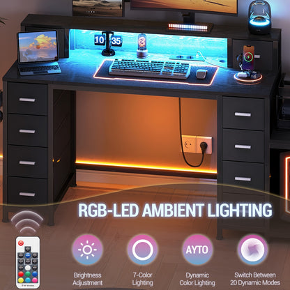 Gamingbureau – Computerbureau – Game Desk – Bureau – Bureautafel – RGB LED Verlichting – 156x48x91,5 cm – 10 Lades Met Monitorstandaard
