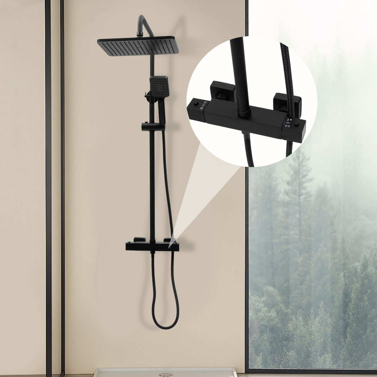Douchekraan – Douchekop – Doucheset – Mengkraan – Douchekraan Thermostatisch – Mat Zwart – Thermostaatregeling – Verstelbare Hoogte