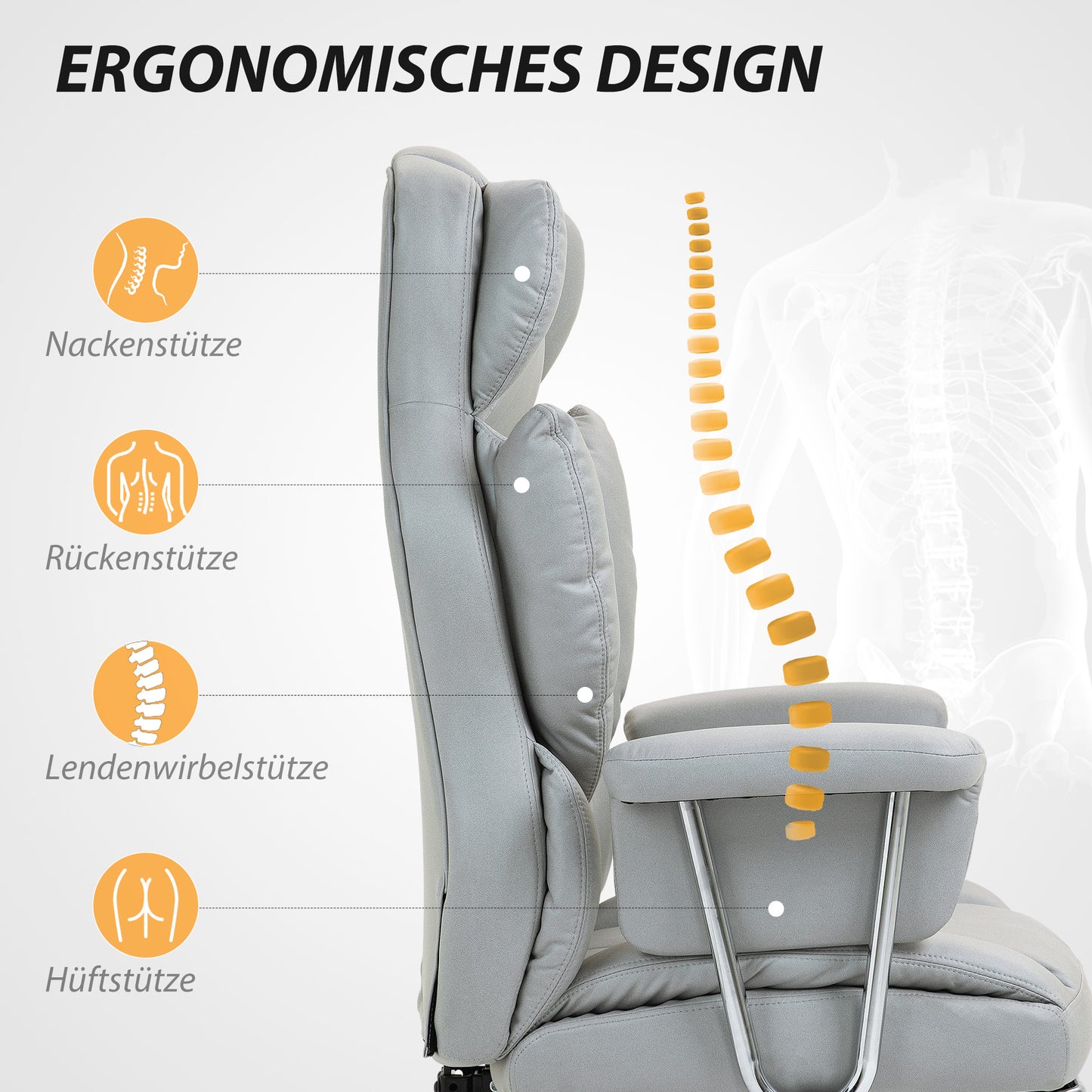 Bureaustoel – Office Chair – Ergonomische Stoel – Draaistoel – Kantoorstoel – Verstelbare Rugleuning Tot 135° – In Hoogte Verstelbaar Met Voetensteun – Lichtgrijs – Max. 120 kg