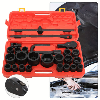 Sleutelset 26-delig – Dopsleutelset – Ratelsleutel – Momentsleutel – Autogarage Gereedschap – 3/4" & 1" Drive – Roestvrij Staal – Compleet Met Opbergdoos