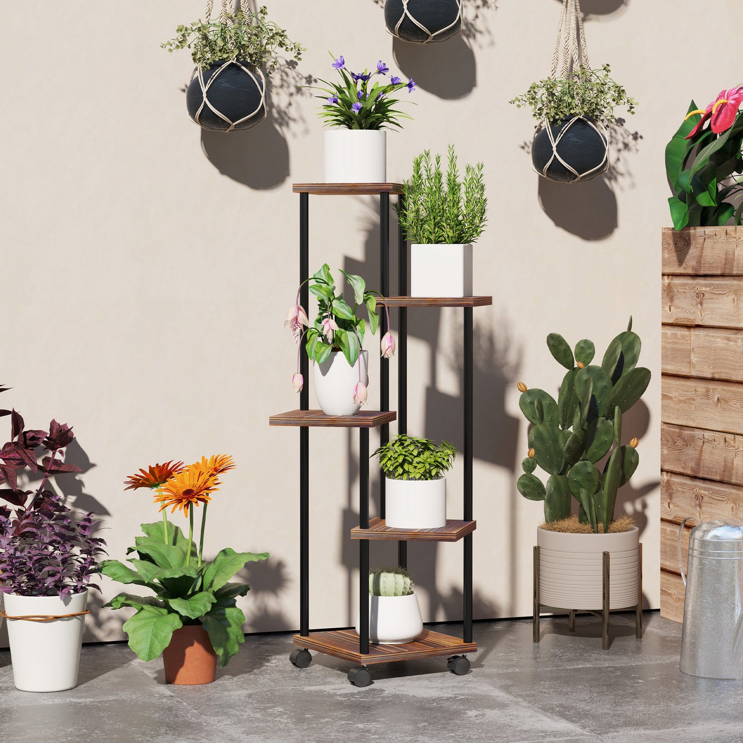 Plantenrek – Plantenstandaard – Plantentafel – Plantentrap – Bloemenrek – 5 Laags – Hout en Staal – Gestaggerd Ontwerp – Voor Binnen & Buiten
