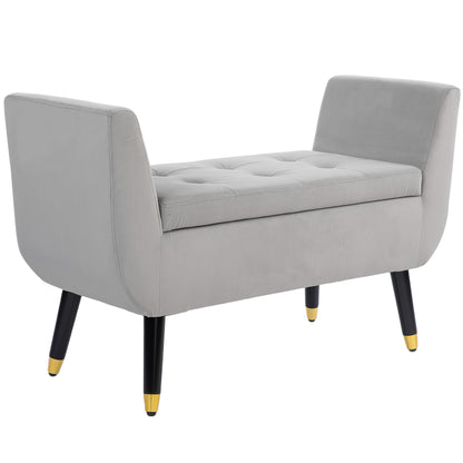 Opbergbank – Opbergbank – Zitbank – Bankje – Halbank – Fluweelachtig Polyester – Stevig Rubberwood – Lichtgrijs – 107x42x65 cm – Met Armleuningen – Met Opbergruimte