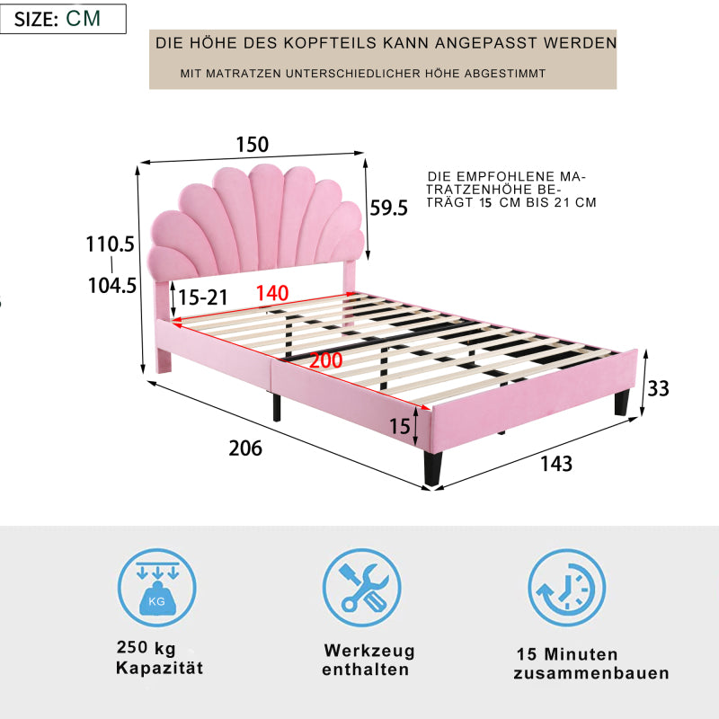 Tweepersoonsbed – Gestoffeerd Bed – Bedframe – Slaapbank – Opbergbed – 140x200 cm – Bloemvormig Hoofdbord – Zachte Velvet Bekleding