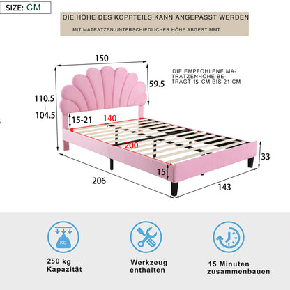 Tweepersoonsbed – Gestoffeerd Bed – Bedframe – Slaapbank – Opbergbed – 140x200 cm – Bloemvormig Hoofdbord – Zachte Velvet Bekleding