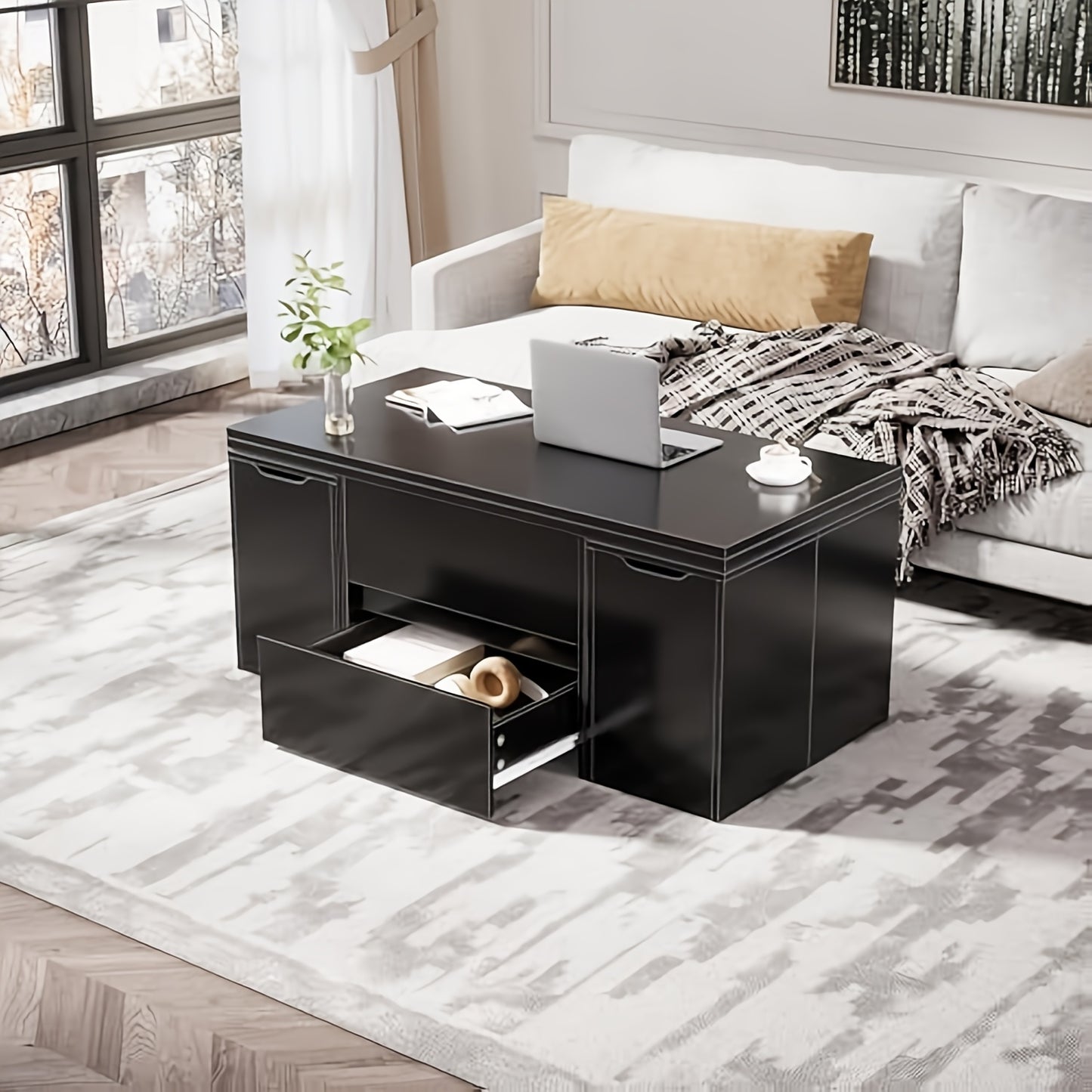 Salontafel – Multifunctionele Tafel – Uitklapbare Tafel – Eettafel – Bijzettafel – Verstelbare Hoogte – Inclusief 4 Opbergkrukken Zwart