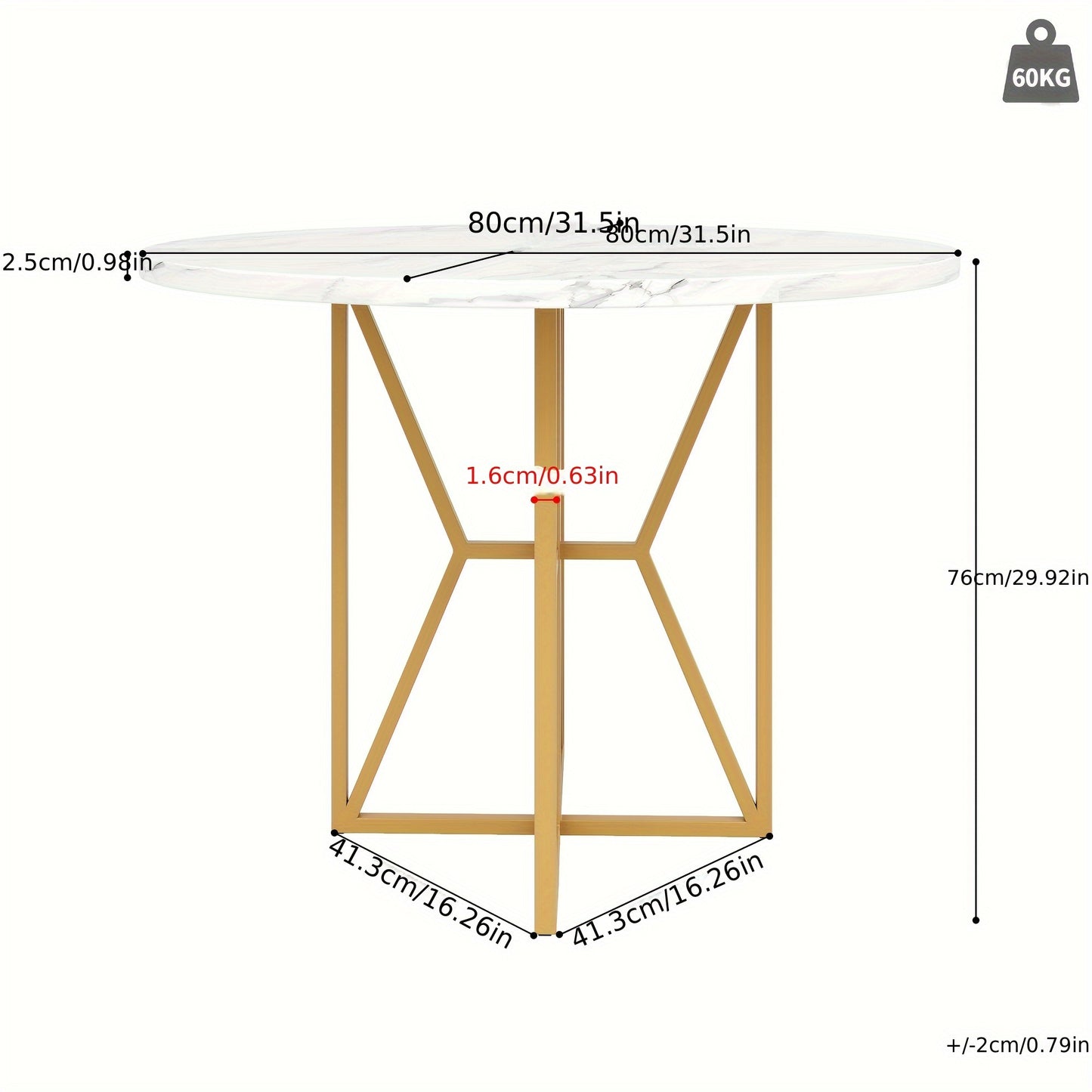 Ronde Eettafel – Eetkamertafel – Keukentafel – Ronde Tafel – Marmerlook Tafel – Gouden Metalen Onderstel – 80 cm Diameter – Geschikt voor 4-6 Personen