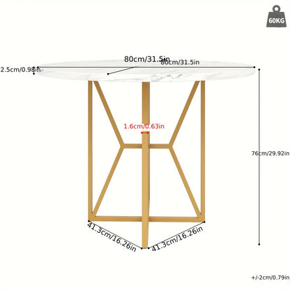 Ronde Eettafel – Eetkamertafel – Keukentafel – Ronde Tafel – Marmerlook Tafel – Gouden Metalen Onderstel – 80 cm Diameter – Geschikt voor 4-6 Personen