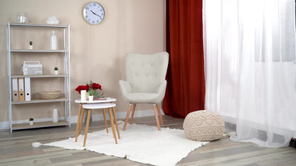 Fauteuil – Lounge Stoel – Relaxstoel – Zetel – Scandinavische Fauteuil Beige – Houten Armleuningen en Poten – Hoogwaardig Schuim – Compacte Afmetingen 66x71x109 cm