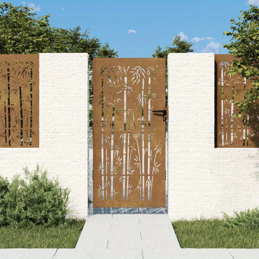 Poort – Tuinpoort – Buitenpoort – Metalen Poort – Stalen Poort – Bamboe Design – Cortenstaal – Weerbestendig – 85x200 cm