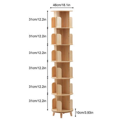 Boekenplank – Boekenrek – Boekenkast – Rotatieplank – Opbergmeubel – 6 Laags – 360° Draaibaar – Gemaakt Van Dennen- En Beukenhout – Compact Design 45 cm Diameter