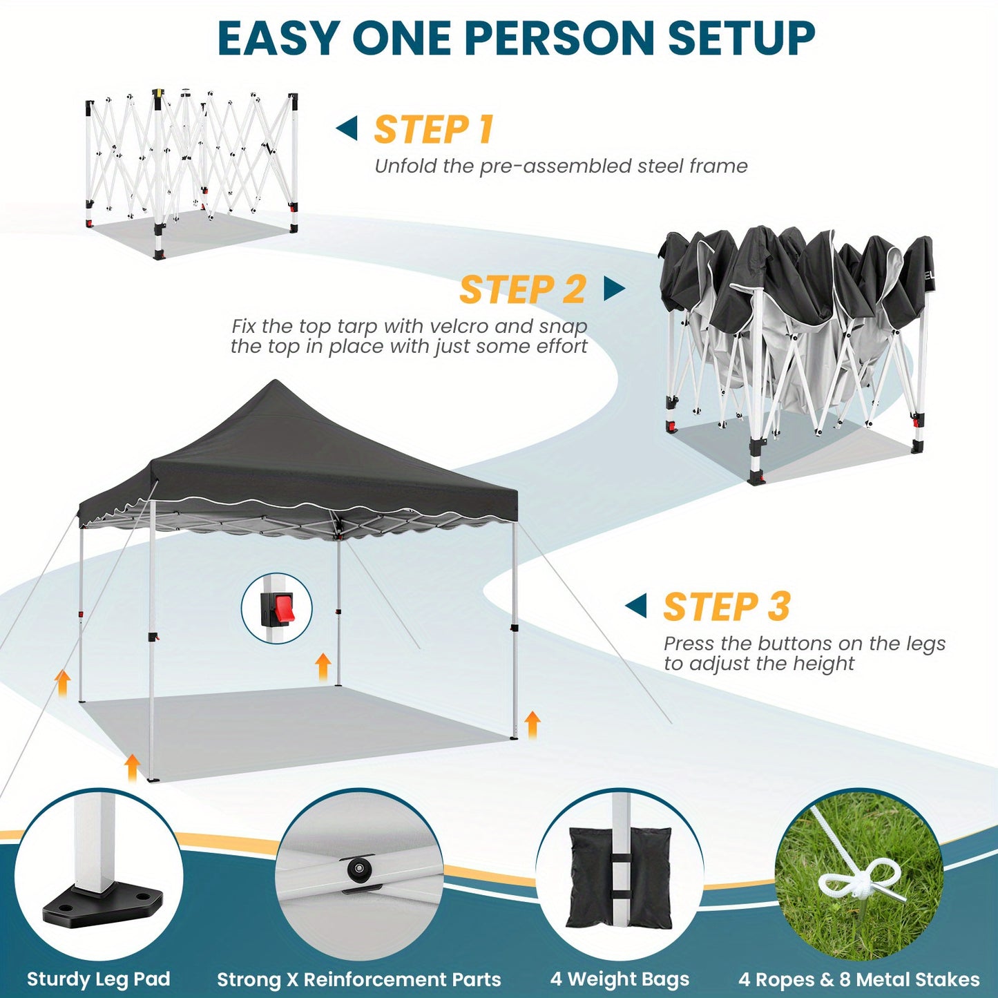 Pop-Up Tent 3x3 Meter – Partytent – Vouwtent – Solextent – Beschutting – Verstelbare Hoogte – Windbestendig Met Zandzakken – Robuust Oxford Polyester Grijs