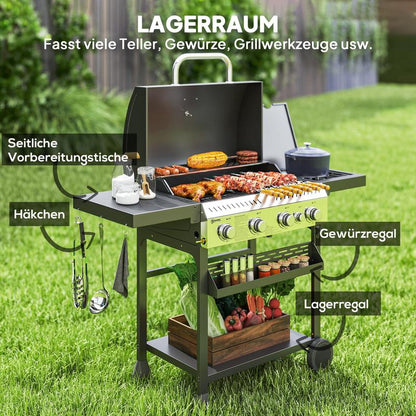 Gasbarbecue – Gas Grill – BBQ Grill – Buitenkeuken – Tafelbarbecue – 4 Hoofdbranders – Zijbrander Met Warmhoudplaat – 135x55x103 cm – Zwart
