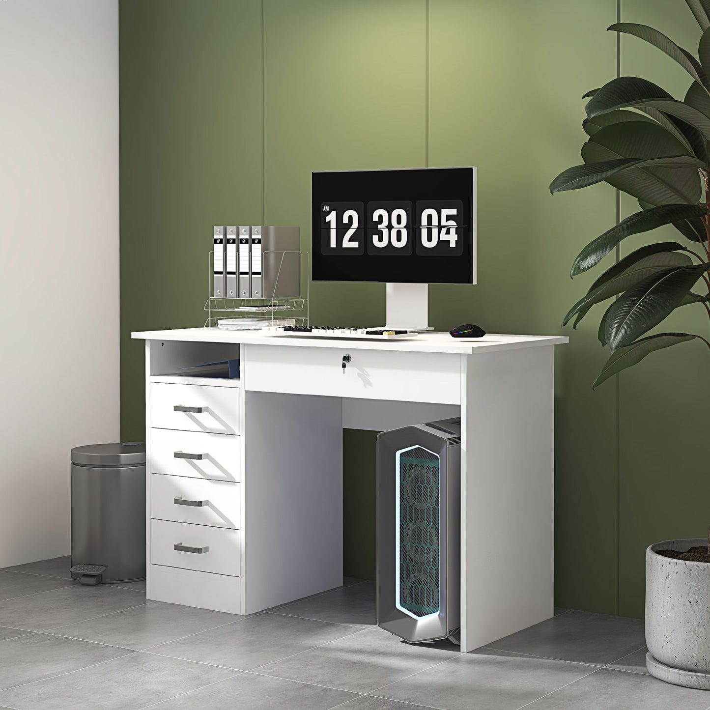 Computertafel – Computerbureau – Bureautafel – Laptoptafel – Werktafel – Wit – 110x50x76 cm – 5 Laden inclusief Afsluitbare Lade – Melamine Spaanplaat
