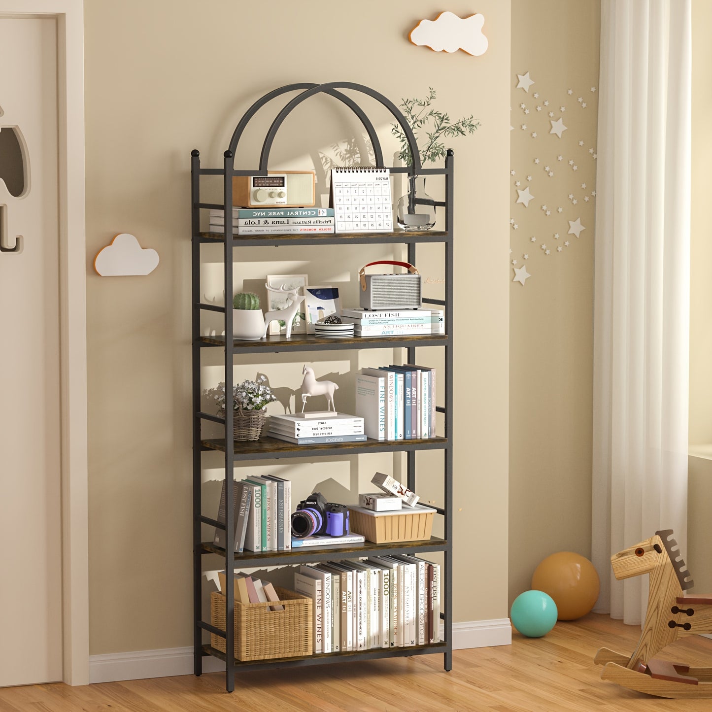 Open Boekenkast – Boekenplank – Opbergkast – Stellingkast – Display Rek – 5 Lagen Hout Met Metaal – Industrieel Design – Vrijstaand Meubel