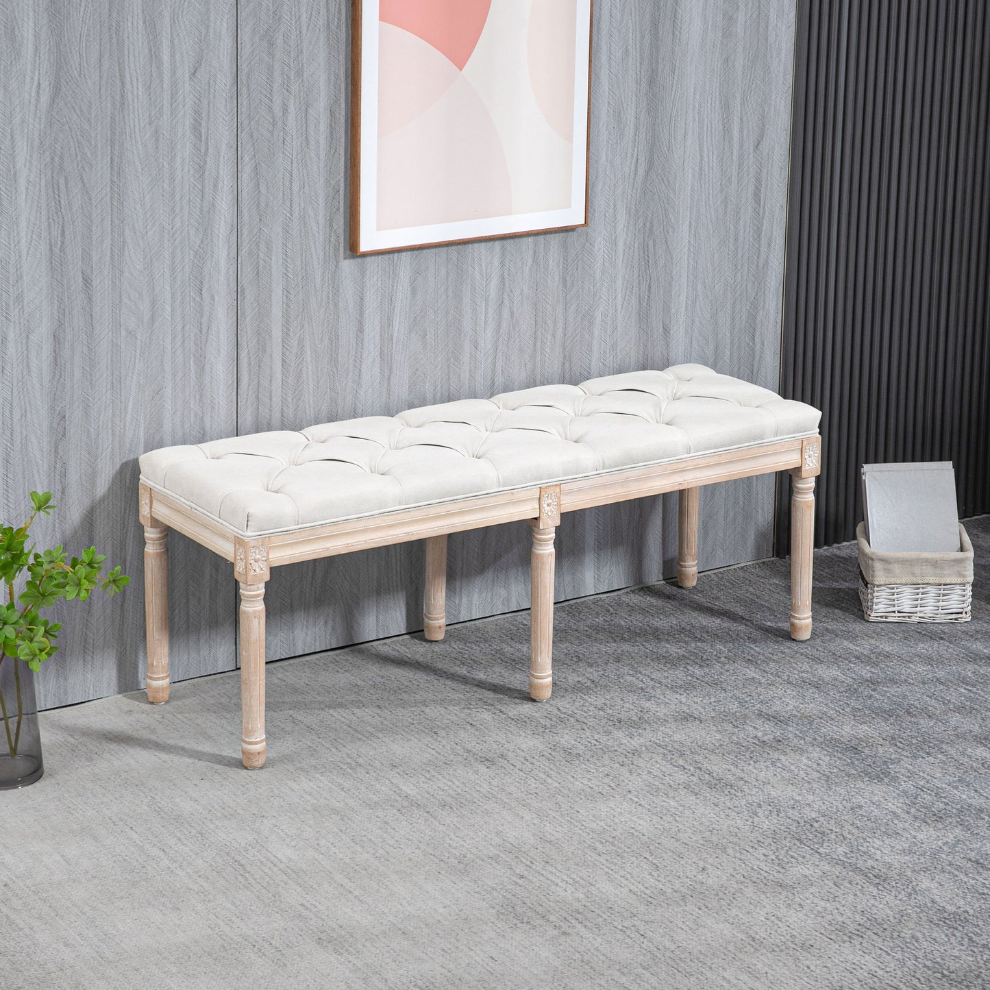 Opbergbank – Zitbank – Halbank – Opbergkist – Bankje – Vintage Franse Stijl – Crème Stof – Houten Poten – 117x40x48 cm – Max. 120 kg draagvermogen