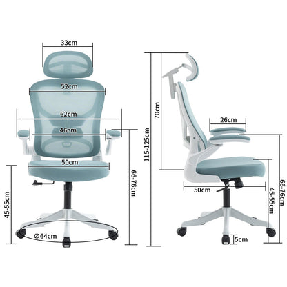 Bureaustoel – Ergonomische Stoel – Office Chair – Draaistoel – Bureaustoel – Traagschuim Zitting – Verstelbare Lendensteun – 360° Draaibaar – Opklapbare Armleuningen – Cyan