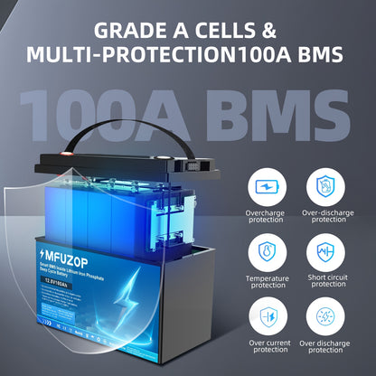 12V LiFePO4 Accu – Zonne-accu – Deep Cycle Batterij – Camperaccu – Bootaccu – Ingebouwd BMS – 100Ah Capaciteit – Robuuste Gouden Behuizing