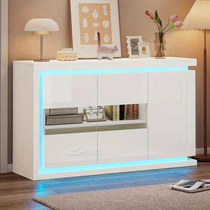 Dressoir – Ladekast – Opbergkast – Buffetkast – Wandkast – Hoogglans Wit – 140x40x84 cm – 4 Compartimenten Met Gehard Glas