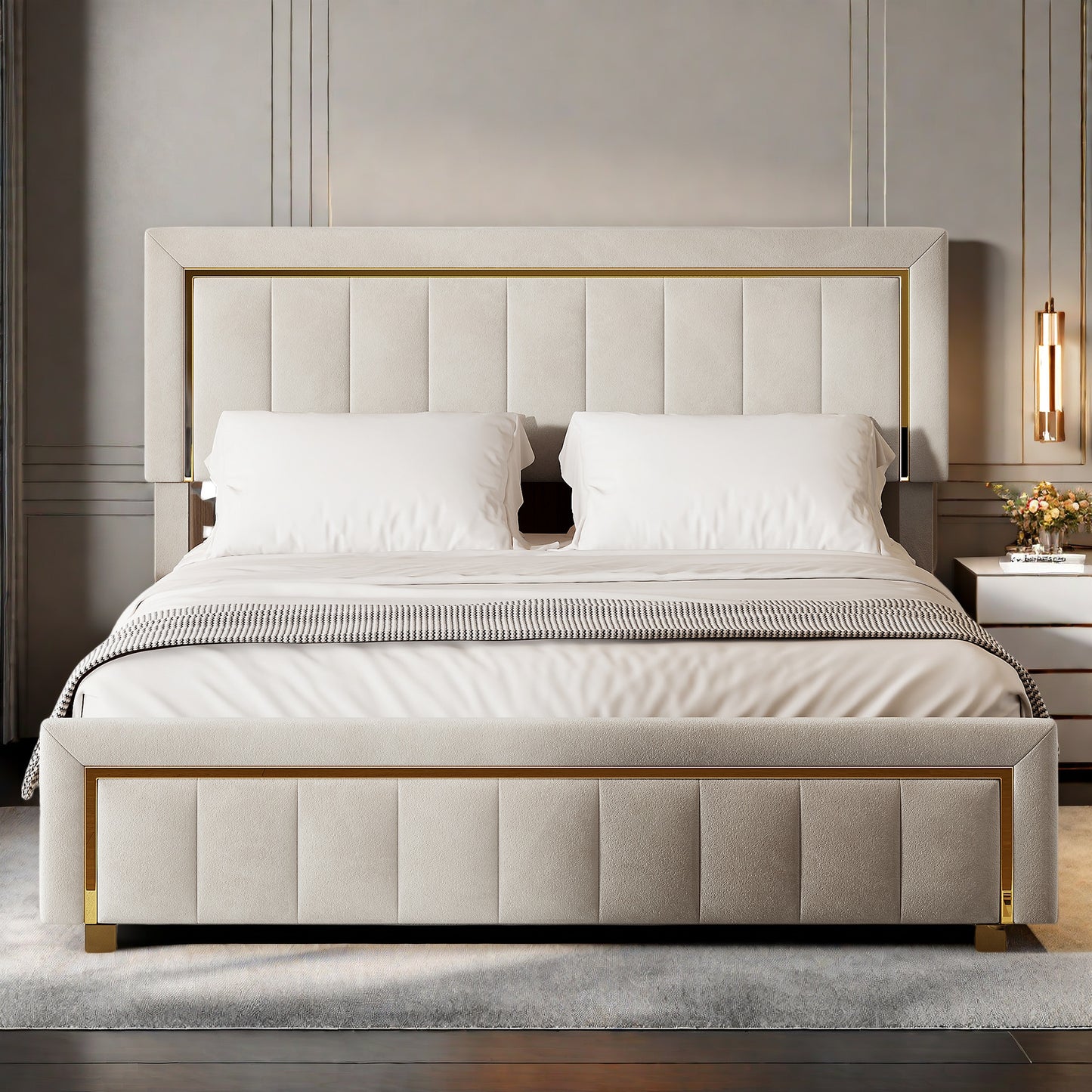 Gestoffeerd Tweepersoonsbed – Tweepersoonsbed Frame – Bedframe Met Opbergruimte – Velvet Bed – Luxe Bed Met Laden – 160x200 cm – Hydraulisch Hefmechanisme – Verticale Strepen Met Gouden Accenten