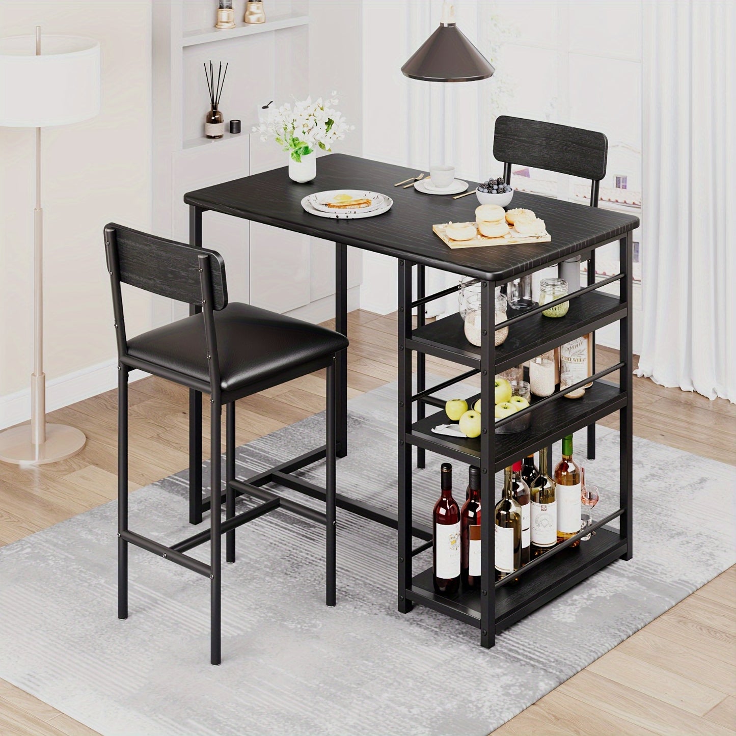 Eettafelset – Bar Tafelset – Keukentafel – Bistro Set – Stoelenset – Compact Ruimtebesparend Ontwerp – Met 3 Opbergruimtes – Matzwarte Metalen Frame