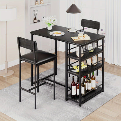 Eettafelset – Bar Tafelset – Keukentafel – Bistro Set – Stoelenset – Compact Ruimtebesparend Ontwerp – Met 3 Opbergruimtes – Matzwarte Metalen Frame