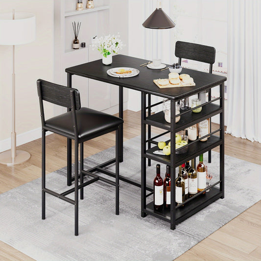 Eettafelset – Bar Tafelset – Keukentafel – Bistro Set – Stoelenset – Compact Ruimtebesparend Ontwerp – Met 3 Opbergruimtes – Matzwarte Metalen Frame
