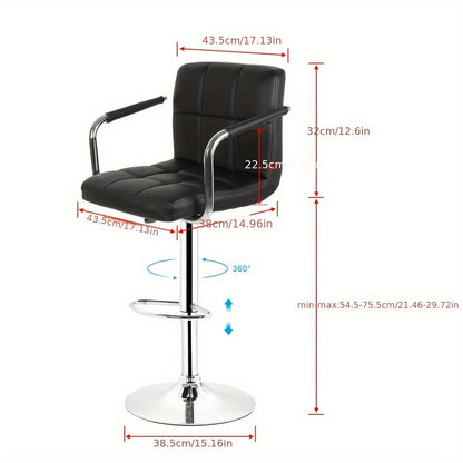 2pcs Faux Leather Bar Stools Set | 63.5cm To 83.82cm Adjustable Height Swivel Counter Stools With Padded Seat, Backrest & Footrest, Modern PU Kitchen Island Chairs For Home Bar, Cafe Style (Black)