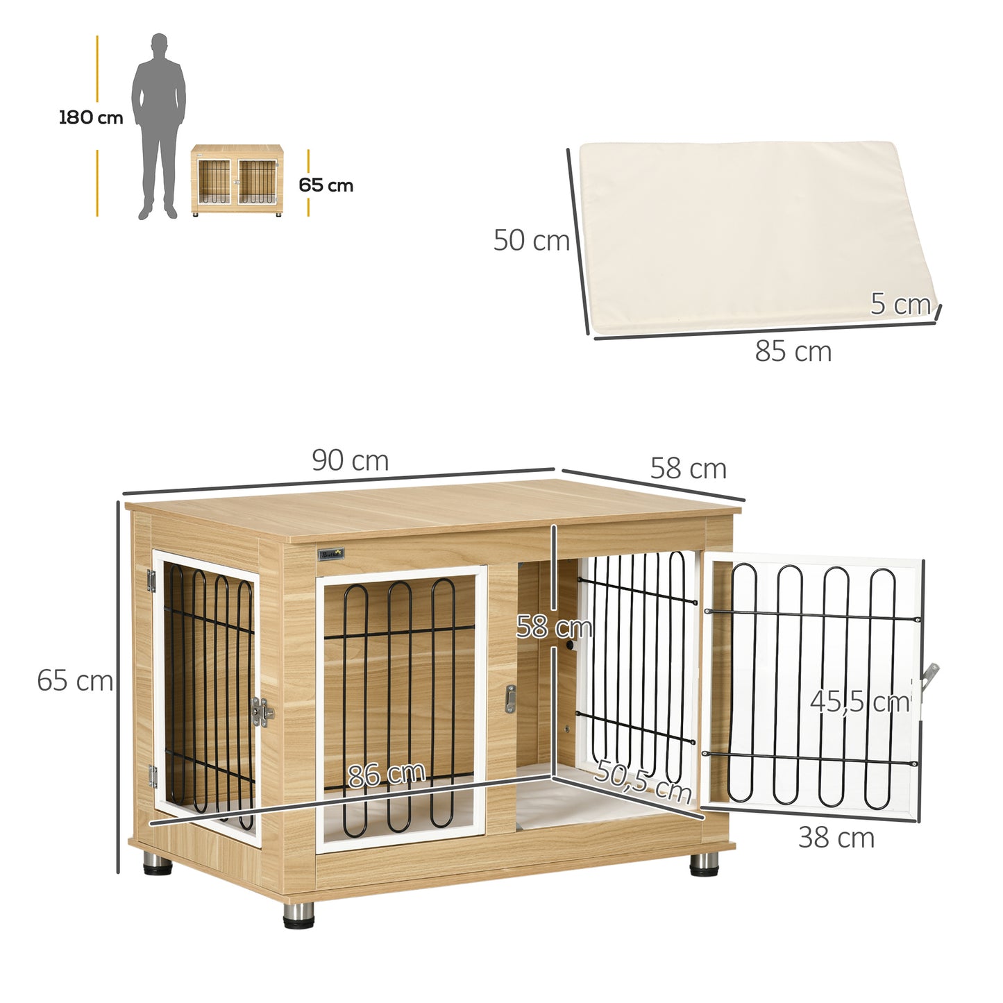 Hondenbench – Hondenkooi – Hondenkist – Reismand – Bench Voor Medium Honden – Wasbaar Kussen – 2 Deuren Met Slot – 90x58x65 cm – Natuurlijk Houtdesign