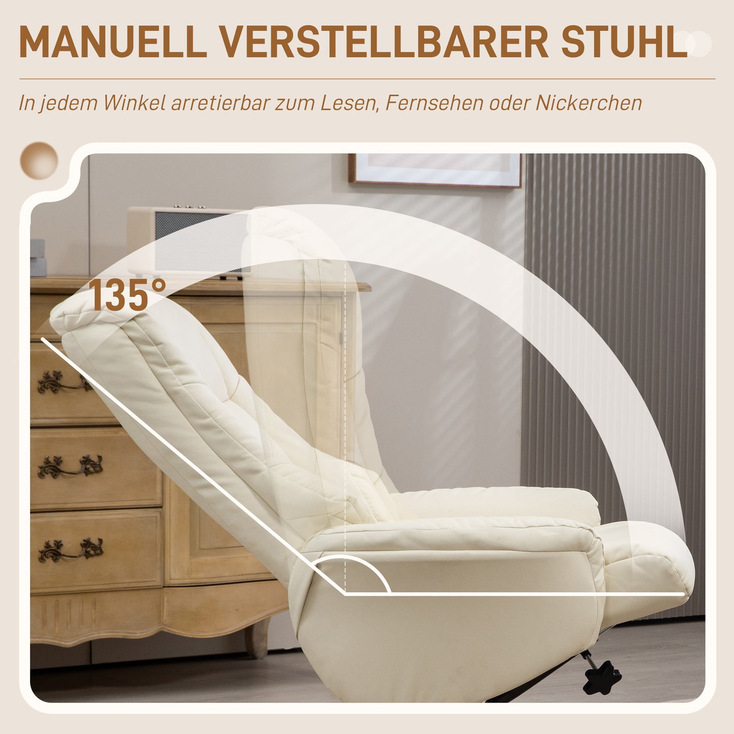 Relaxfauteuil – Relaxstoel – Stoel Met Voetenbank – Loungefauteuil – Fauteuil Crèmewit – Verstelbare Rugleuning – Kunstleer, Draagkracht 150 kg