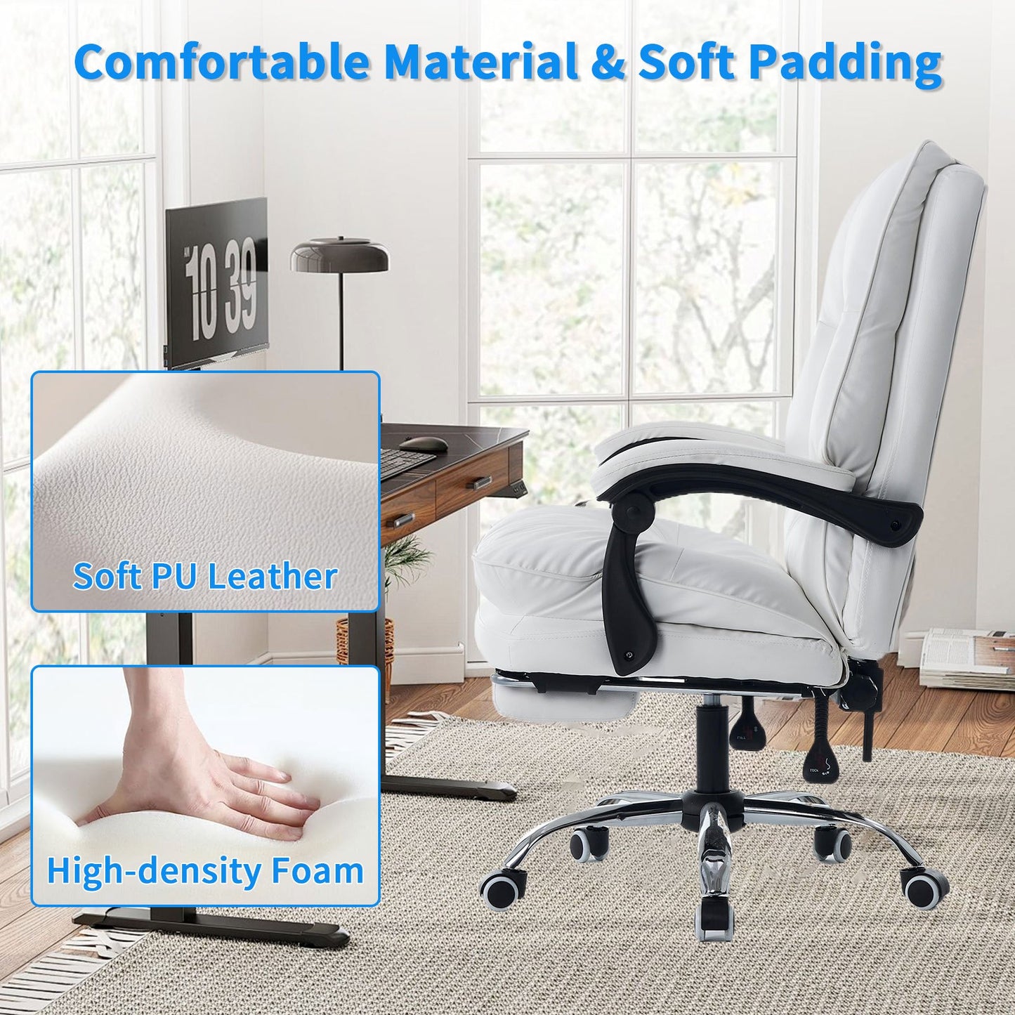 Bureaustoel – Office Chair – Gamestoel – Draaistoel – Bureaukruk – Ergonomisch Design – Verstelbare Hoogte & Lendensteun – Flip-up Armleuningen – Wit – Stille Wielen – Verbreding & Verbeterd Zitcomfort