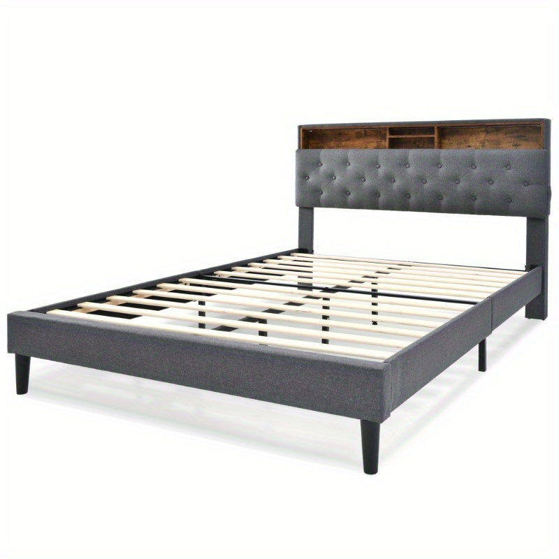 Bed Met Opbergruimte – Tweepersoonsbed – Slaapbed – Ledikant – Boxspring – Matras Inclusief – Gestoffeerd Grijs – Houten Lattenbodem – 140x200 cm