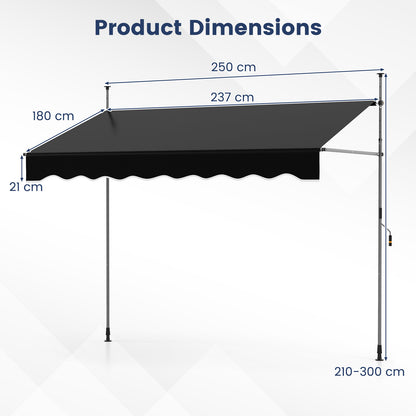 Uitschuifbare Zonwering – Terrasdoek – Balkonluifel – Markies – Zonnescherm – Handmatige Kurk Bediening – Stevige Metaalconstructie 2,5x1,8m