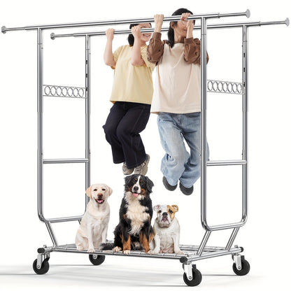 Heavy Duty Kledingrek – Kledinghanger – Kledinghouder – Kledingstandaard – Staand Rek – Verstelbaar Dubbel Stangontwerp – Max. 295 kg Draagkracht – Mobiel op Wielen – Zilverkleurig