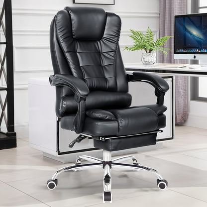 Ergonomische Bureaustoel – Verstelbare Hoogte, 360° Draaibaar & Uittrekbare Voetensteun – PU Lederen Executive Stoel, Zwart, Stevig en Eenvoudig te Monteren