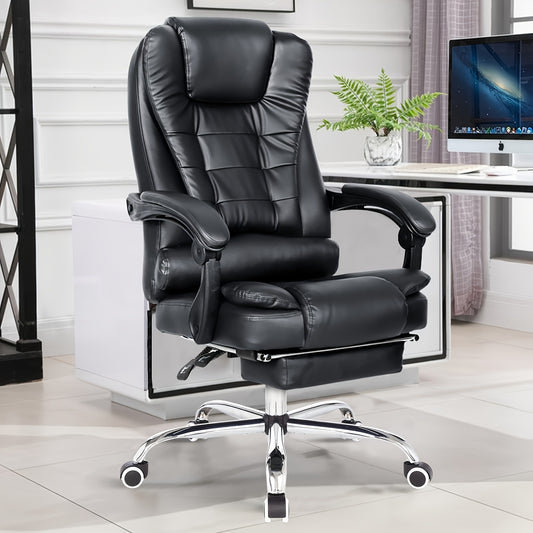 Ergonomische Bureaustoel – Verstelbare Hoogte, 360° Draaibaar & Uittrekbare Voetensteun – PU Lederen Executive Stoel, Zwart, Stevig en Eenvoudig te Monteren