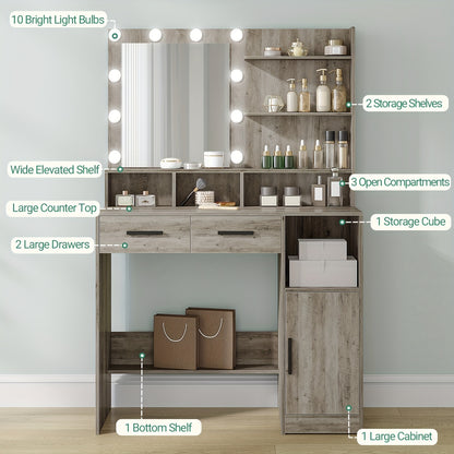 Dressing Table With Mirror And 10 LED Lights, Adjustable Brightness, Dressing Table With 2 Drawers & 1 Cabinet, 3 Shelves & 4 Open Compartments, White